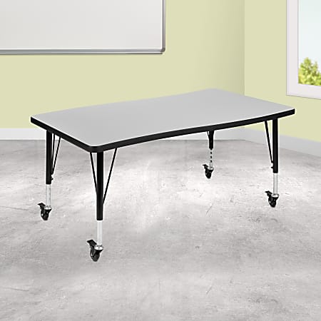 Flash Furniture Mobile Rectangle Wave Flexible Collaborative Thermal Laminate Activity Table With Height-Adjustable Short Legs, 25"H x 28"W x 47-1/2"D, Gray
