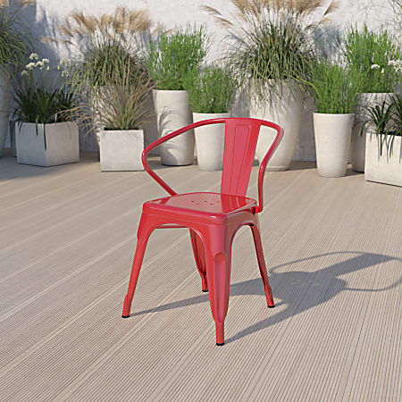 Flash Furniture Commercial Grade Metal Indoor-Outdoor Chair With Arms, Red