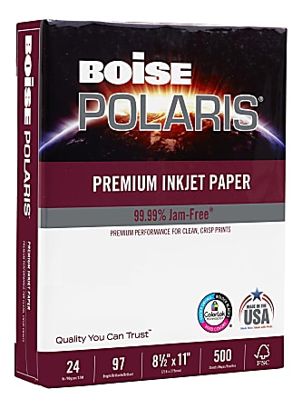 Boise POLARIS® Premium Inkjet Paper, 1 Ream, White, Letter Size (8 1/2" x 11"), Ream Of 500 Sheets, FSC® Certified, 24 Lb, 97 Brightness