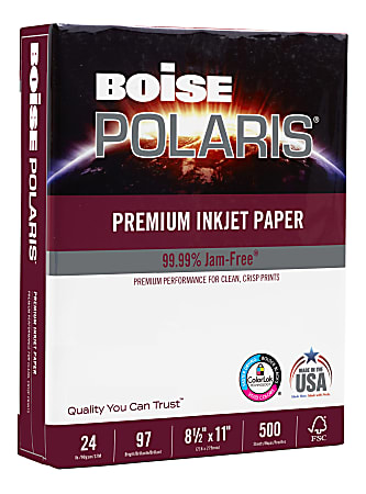 Boise POLARIS® Premium Inkjet Paper, 1 Ream, White, Letter Size (8 1/2" x 11"), Ream Of 500 Sheets, FSC® Certified, 24 Lb, 97 Brightness