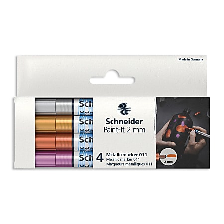 Schneider Paint-It 011 Metallic Markers, 0.8 mm Fine Tip, Assorted Ink Colors, Set 1, Pack of 4 Markers