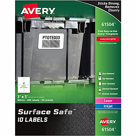 Avery® Surface Safe ID Labels - Removable Adhesive - 3" Width x 5" Length - Rectangle - Laser, Inkjet - White - Polyester - 4 / Sheet - 50 Total Sheets - 200 / Pack