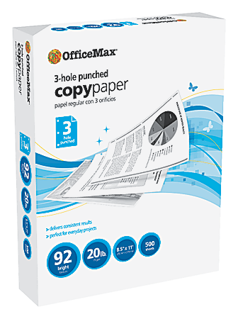 OfficeMax® 3-Hole Punched Multipurpose Paper, Letter Size Paper, 20-Lb, 500 Sheets Per Ream