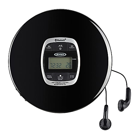 JENSEN Personal CD-60R-BT Portable Bluetooth CD Player With Digital FM Radio And Earbuds, 1-3/16”H x 5-9/16”W x 5-3/4”D, Black