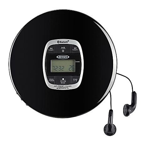 JENSEN Personal CD-60R-BT Portable Bluetooth CD Player With Digital FM Radio And Earbuds, 1-3/16&rdquo;H x 5-9/16&rdquo;W x 5-3/4&rdquo;D, Black