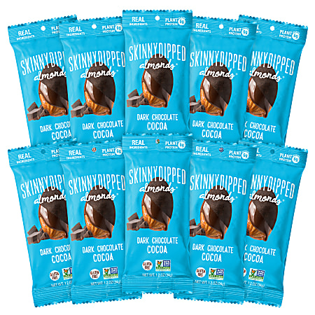 Skinny Dipped Almonds, Gluten-Free Dark Chocolate Cocoa, 1.2 Oz, Pack Of 10 Bags