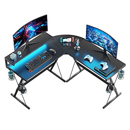 Bestier L-Shaped RGB Gaming Desk With Monitor Stand & Multi-Function Hooks, 57"W, Black Carbon Fiber