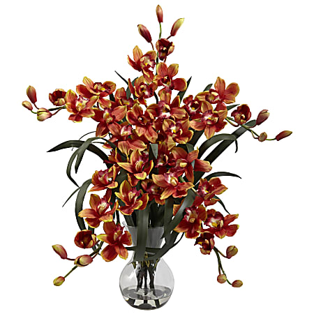 Nearly Natural 34"H Cymbidium Arrangement With Glass Vase, Burgundy