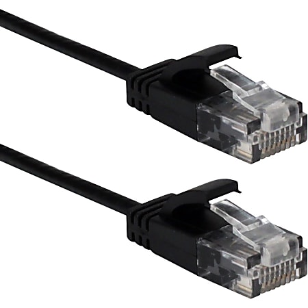 QVS 10ft Slim CAT6 Gigabit Ethernet Space Saver Black Patch Cord - 10 ft Category 6 Network Cable for Network Device, Network Hub, Patch Panel - First End: 1 x RJ-45 Male Network - Second End: 1 x RJ-45 Male Network - Patch Cable - Black