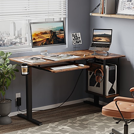 Bestier 58"W Electric Adjustable-Height Standing Desk With Keyboard Tray And CPU Host Shelf, Rustic Brown