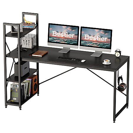 Bestier Modern Office Desk With Storage Shelf & Headset Hook, 63"W, Black Grained