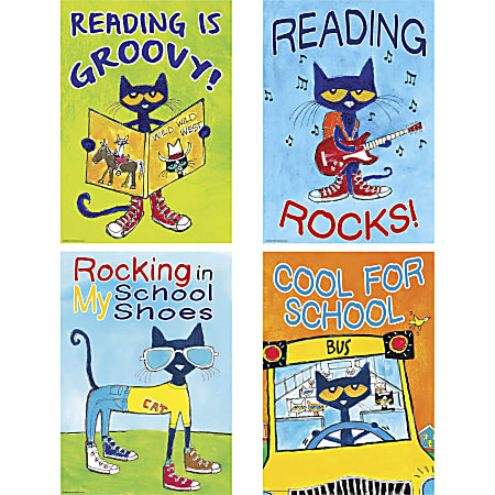 Teacher Created Resources Pete the Cat Posters Set - "Reading is Groovy!, Reading Rocks!, Rocking in My School Shoes, Cool for School" - 13.4" Width x 0.1" Height - Pete the Cat - Multicolor