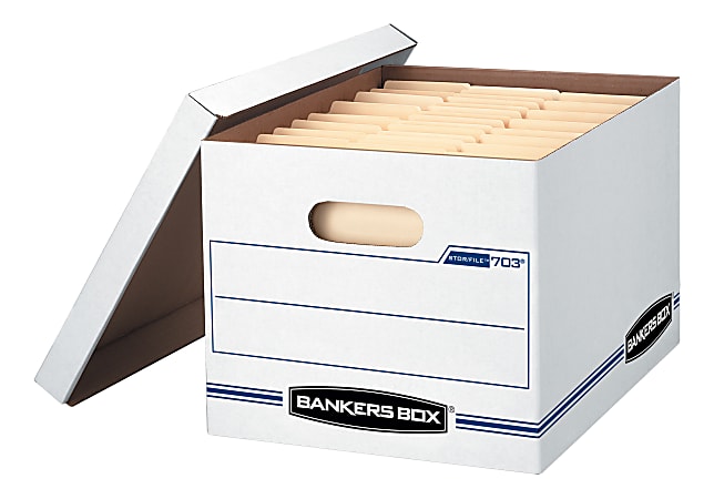 Bankers Box® Stor/File™ Standard-Duty Storage Box With Lift-Off Lids And Built-In Handles, Letter/Legal Size, 15" x 12" x 10", 60% Recycled, White/Blue