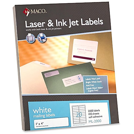 MACO® Permanent Address Labels For Laser/Inkjet Printers, MML-2000, 1"W x 4"L, Rectangle, White, Box Of 2,000