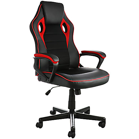 Elama Faux Leather/Mesh/Fabric High-Back Adjustable Office Task Chair, Black/Red Trim