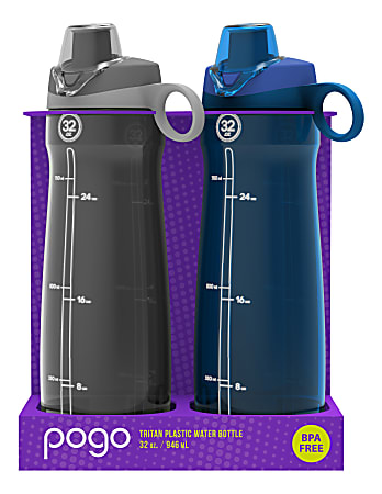 Pogo Tritan Chug Water Bottles, 32 Oz, Gray/Blue, Pack Of 2 Bottles
