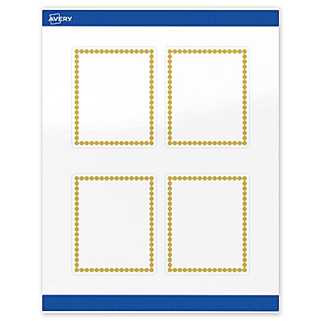 Avery® Print-To-The-Edge Labels & Sure Feed®, S00-DJ8-PRWGP10, 4" x 3-1/3", Glossy White, Preprinted Gold Beads Design, Pack Of 40