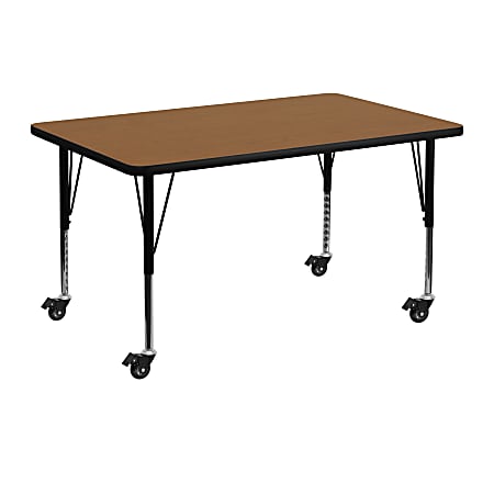 Flash Furniture Mobile Rectangular Thermal Laminate Activity Table With Height-Adjustable Short Legs, 25-3/8"H x 30"W x 48"D, Oak