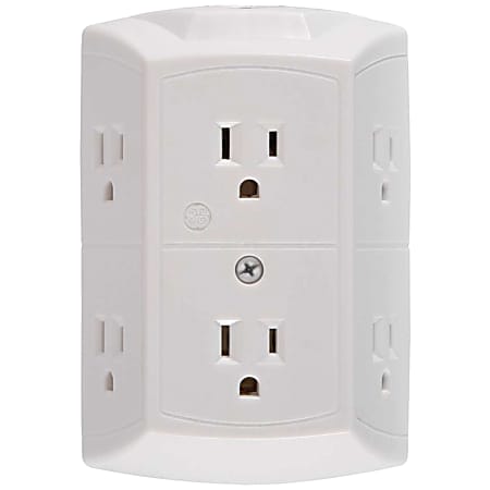 GE 6-Outlet Grounded Wall Tap With Transformer/Resettable Circuit, White, 56575