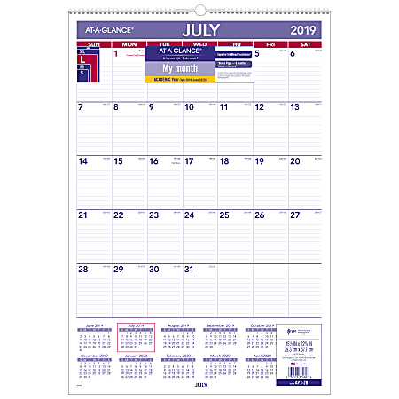 AT-A-GLANCE® Monthly Academic Wall Calendar, 15-1/2" x 22-3/4", July 2019 to June 2020