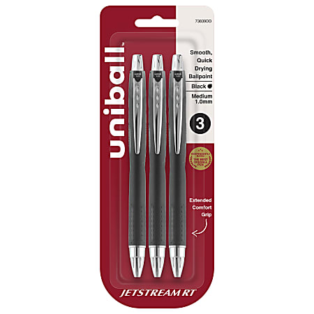 uni-ball® JetStream™ RT Retractable Ballpoint Pens, Bold Point, 1.0 mm, Black Barrel, Black Ink, Pack Of 3