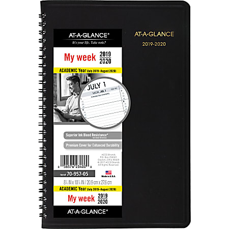 AT-A-GLANCE® 14-Month Academic Weekly Planner, 8 1/4" x 10 7/8", Black, July 2019 to August 2020
