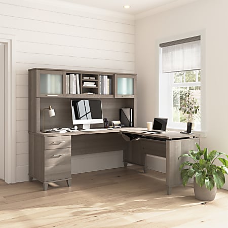 Bush Furniture Somerset 3 Position Sit to Stand L Shaped Desk With Hutch, 72"W, Ash Gray, Standard Delivery