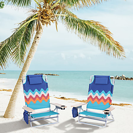ALPHA CAMP Folding Beach Chairs With Towel Bar Wave Set Of 2