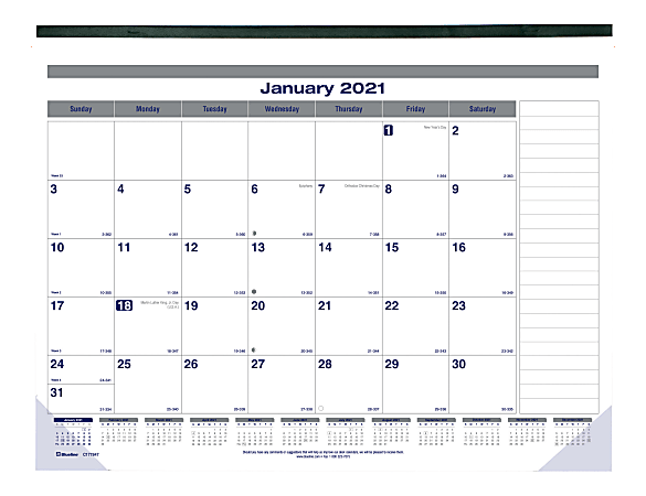 Blueline® Net Zero Carbon Monthly Desk Pad Calendar, 22" x 17", 50% Recycled, FSC® Certified, Blue/Grey, 12-month January to December 2021