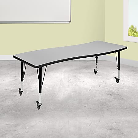 Flash Furniture Mobile Rectangle Wave Flexible Collaborative Thermal Laminate Activity Table With Height-Adjustable Short Legs, 25"H x 26"W x 60"D, Gray