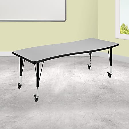 Flash Furniture Mobile Rectangle Wave Flexible Collaborative Thermal Laminate Activity Table With-Adjustable Short Legs, 25"H x 26"W x 60"D, Gray