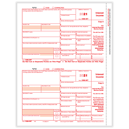 ComplyRight™ 1099-INT Tax Forms, 2-Up, Federal Copy A, Laser, 8-1/2" x 11", Pack Of 100 Forms