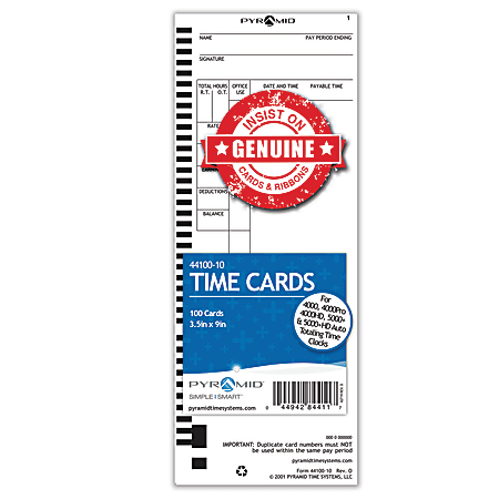 Pyramid™ 30% Recycled Time Cards For Pyramid Models 4000 & 5000, 9" x 3 1/2", Pack Of 100