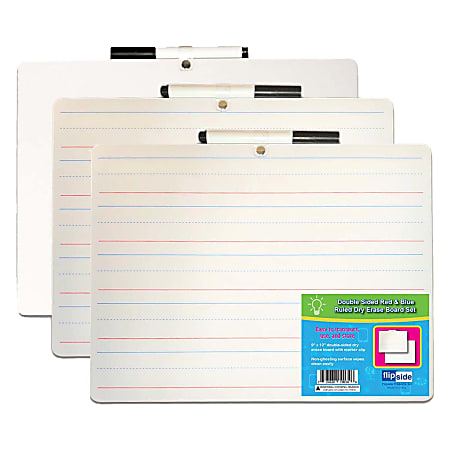 Flipside Products 2-Sided Dry-Erase Boards With Attached Markers, 9" x 12", Primary Ruled/Blank, Pack Of 3 Boards