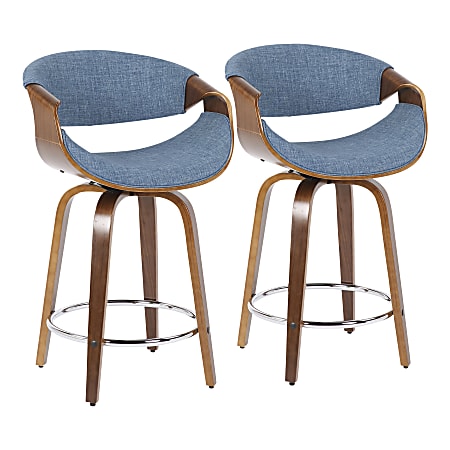 LumiSource Curvini 24'' Counter Stools, Blue Seat/Walnut Frame, Set Of 2 Stools