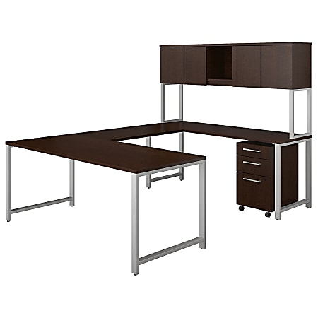 Bush Business Furniture 400 Series U Shaped Table Desk with Hutch and 3 Drawer Mobile File Cabinet, 72"W x 30"D, Mocha Cherry, Premium Installation