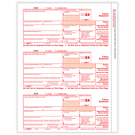 ComplyRight® 1098-T Tax Forms, 3-Up, Federal Copy A, Laser, 8-1/2" x 11", Pack Of 75 Forms