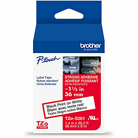 Brother P-Touch TzeS261, Strong Adhesive Laminated, ~1-1/2in x 26.2ft (36mm x 8m), Black on White Label Tape
