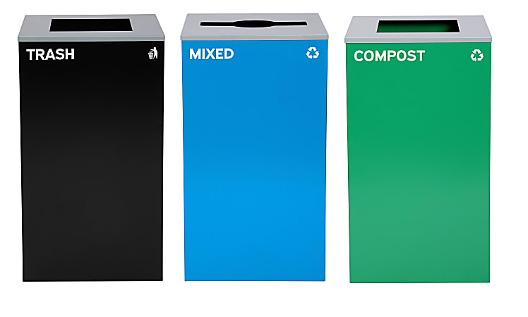 Alpine Industries Stainless-Steel Open Top Mixed, Compost And Trash Can Set, 30”H x 16-15/16”W x 16-15/16”D, Black/Blue/Green - ALP4450BLKKIT19