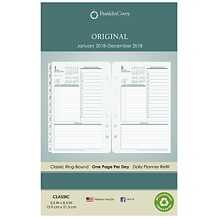 FranklinCovey® Daily Planning Pages Refill, 5 1/2" x 8 1/2", 30% Recycled, January to December 2018 (35924-18)