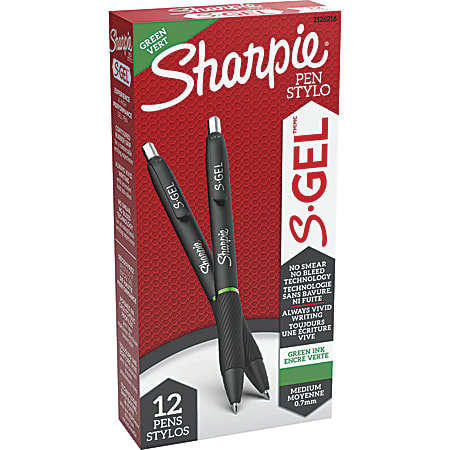 Sharpie® S-Gel Retractable Pens, Medium Point, 0.7 mm, Black Barrel, Green Ink, Pack Of 12 Pens