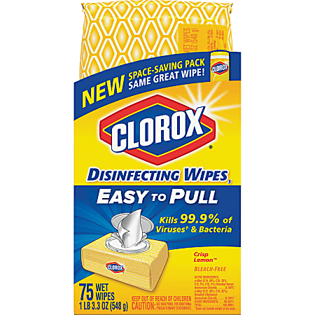 Clorox Disinfecting Wipes, Crisp Lemon Scent, 3.3 Oz, White, Pack Of 75 Wipes