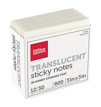 Office Depot® Brand Translucent Sticky Notes, With Storage Tray, 3" x 3", Clear, 50 Notes Per Pad, Pack Of 12 Pads