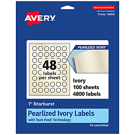 Avery® Pearlized Permanent Labels With Sure Feed®, 94606-PIP100, Starburst, 1", Ivory, Pack Of 4,800 Labels
