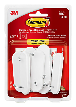 Command™ Medium Wire Hooks Value Pack, White, Pack Of 7 Hooks And 12 Strips