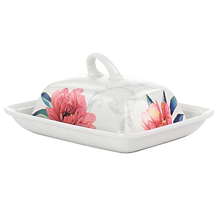 Martha Stewart Fine Ceramic Butter Dish With Lid In Floral Design, 3" x 5-1/2" x 7-1/2”, White