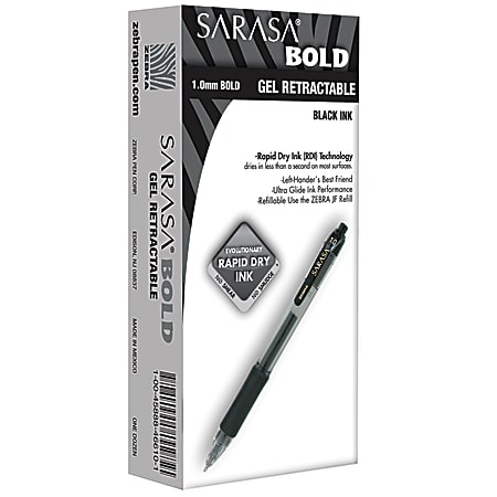 Zebra® Pen SARASA® Retractable Gel Pens, Pack Of 12, Bold Point, 1.0 mm, Clear Barrel, Black Ink