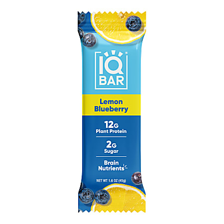 IQ BAR Brain Fuel Protein Bars, Lemon Blueberry, 1.6 Oz, Box Of 24 Bars