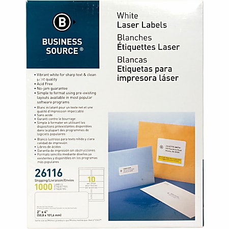 Business Source Bright White Premium-quality Shipping Labels - 2" Width x 4" Length - Permanent Adhesive - Rectangle - Laser, Inkjet - White - 10 / Sheet - 100 Total Sheets - 1000 / Pack - Lignin-free, Jam-free