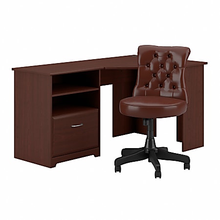 Bush Furniture Cabot 60"W Corner Desk With Mid-Back Tufted Office Chair, Harvest Cherry, Standard Delivery